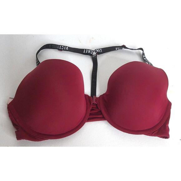 Victorias Secret Uplift Semi Demi Bra Burgundy Logo Straps Size 34D - Picture 1 of 6